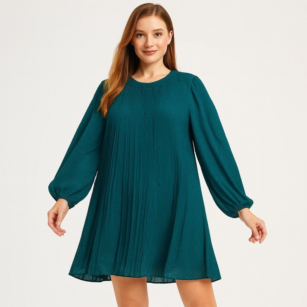 Ophelia Roe Womens XL Teal Black Polka Dot Pleated Long Sleeve Mini Dress